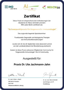 Zertifikat „Schwerpunktpraxis für Angewandte Immunologie“ Praxis Dr. Ute Jachmann-Jahn