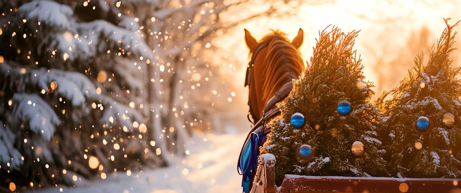 Pferdeschlitten mit Weihnachtsbäumen unterwegs durch den Schnee zur Arztpraxis Dr. Jachmann-Jahn in Eitorf